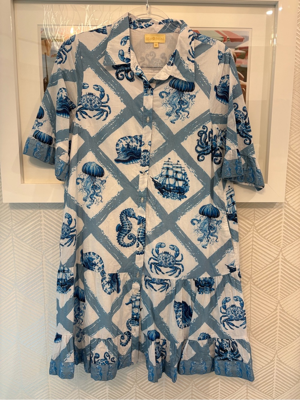 Men's Casual Button-Down Shirt with Blue Sea Life Print